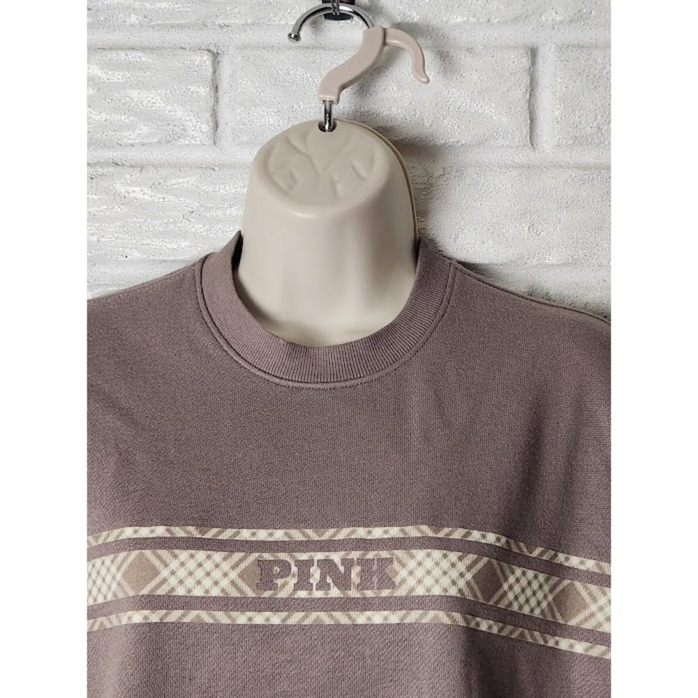 Victoria's Secret PINK Taupe Pullover Sweatshirt Plaid Graphic Comfy NWT Size XS